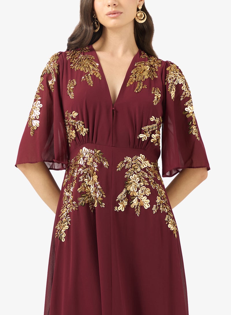 Hope & Ivy Plunge Front Embellished   Flutter Sleeve Maxi Dress - Image 3