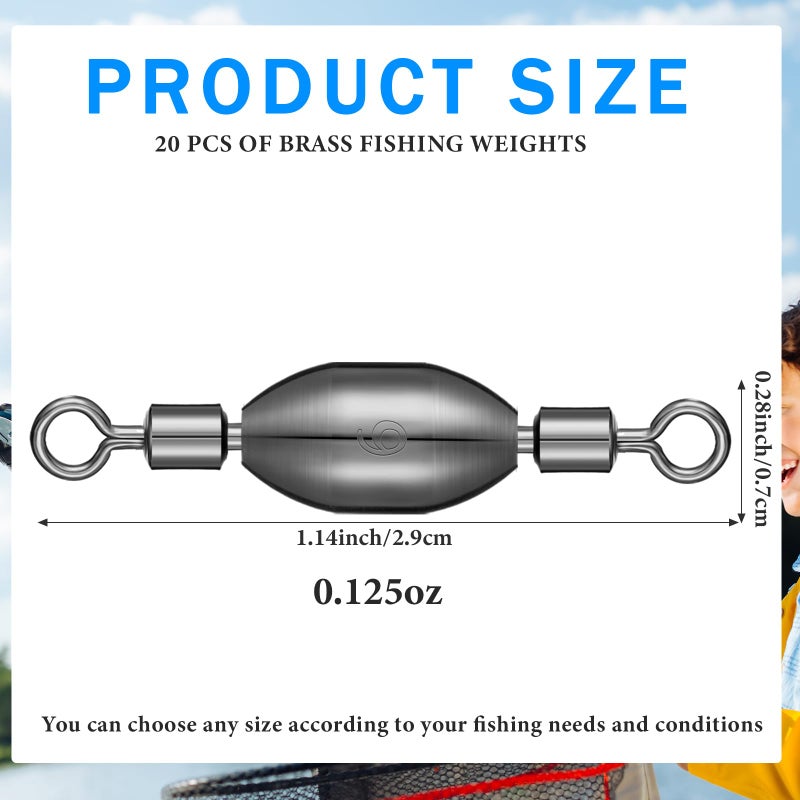 Seenelling 20 Pcs Brass Fishing Sinker Swivel Fishing Weights Saltwater Bullet Sinkers Drop Shot Weight Egg Sinkers with Swivel Rolling Removable Freshwater(1/8oz) - Image 2