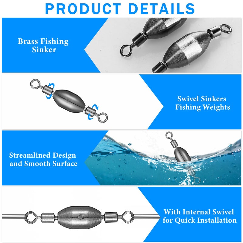 Seenelling 20 Pcs Brass Fishing Sinker Swivel Fishing Weights Saltwater Bullet Sinkers Drop Shot Weight Egg Sinkers with Swivel Rolling Removable Freshwater(1/8oz) - Image 5
