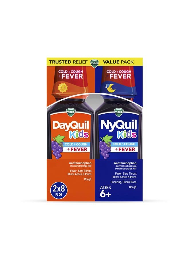 Vicks DayQuil and NyQuil Kids Grape Cold & Cough + Fever Multi-Symptom Relief Liquid Co-Pack, Specially Formulated for Kids Ages 6+, 2x8 OZ - Image 1