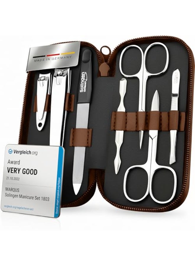 marQus Manicure Set Solingen Made in Germany 7 Piece Exclusive Finger Toe Nail Clippers Kit for Women and Men in Real Leather Case Color Brown - Image 1