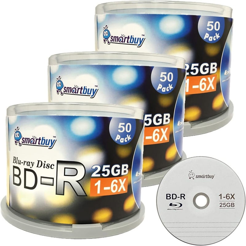 Smartbuy 150-disc 25gb 6X Bd-r BDR Blu-ray Single Layer Logo Top Surface Blank Data Recordable Media Disc with Cakebox/Spindle Packing - Image 1