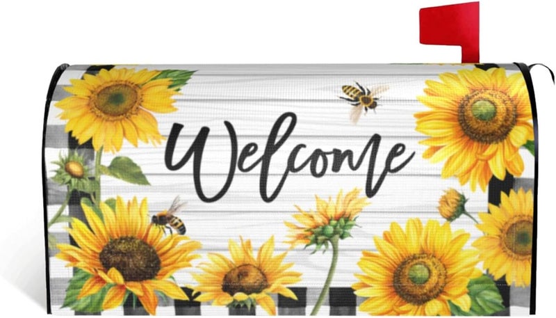 ARKUKT Summer Sunflowers Mailbox Cover Magnetic Welcome Floral Checkered Mailbox Wraps Post Letter Box Cover for Garden Yard Home Decor Standard Size 21" x 18" - Image 1