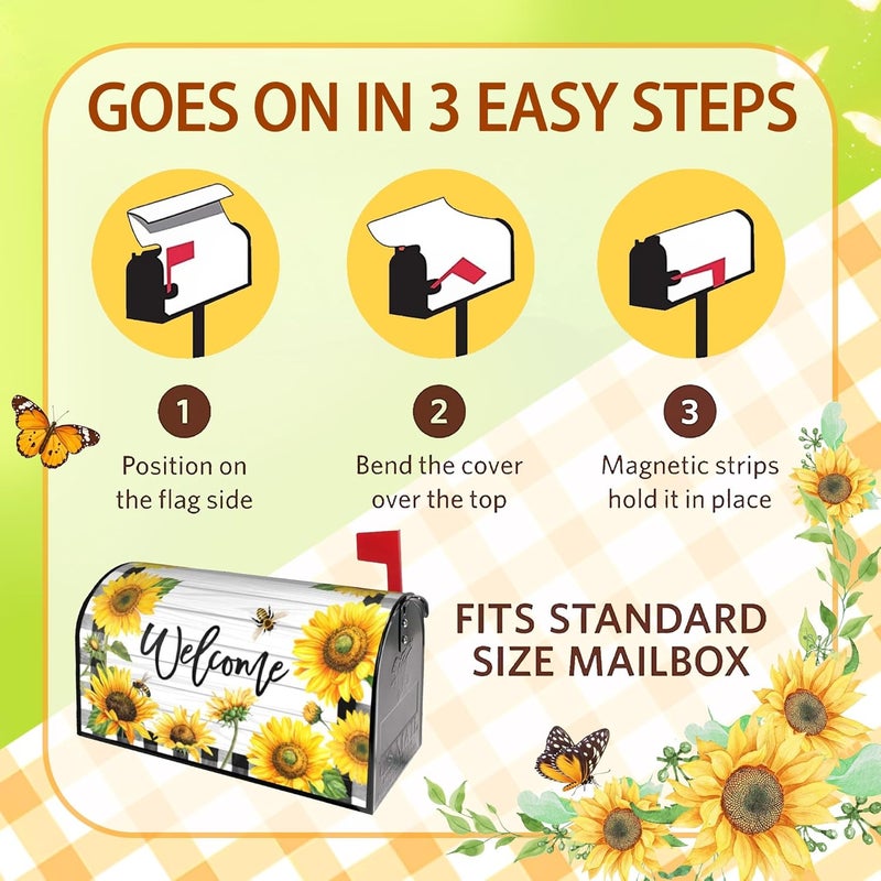 ARKUKT Summer Sunflowers Mailbox Cover Magnetic Welcome Floral Checkered Mailbox Wraps Post Letter Box Cover for Garden Yard Home Decor Standard Size 21" x 18" - Image 4