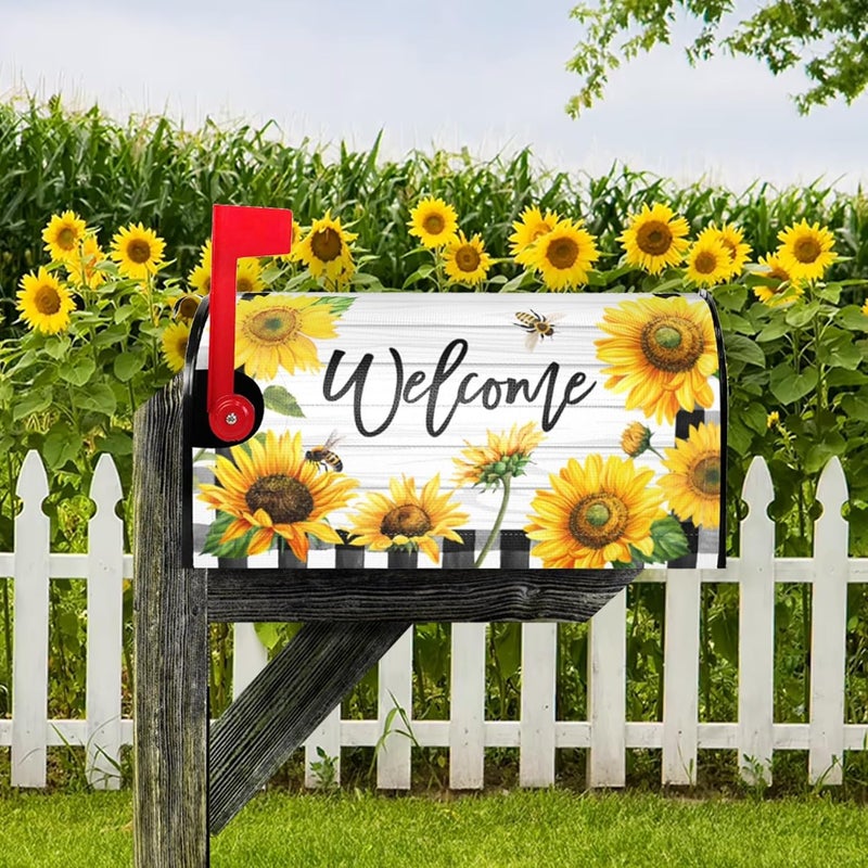 ARKUKT Summer Sunflowers Mailbox Cover Magnetic Welcome Floral Checkered Mailbox Wraps Post Letter Box Cover for Garden Yard Home Decor Standard Size 21" x 18" - Image 2