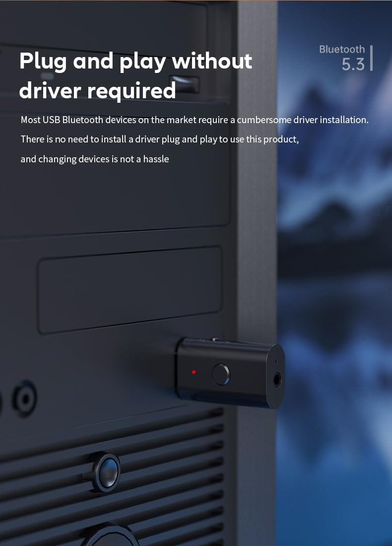 Gentechvvybuy جهاز إرسال واستقبال بلوتوث 5.3، محول USB لاسلكي 3.5 مم، تأخير منخفض، ميكروفون مدمج، بث موسيقي، مكالمات بدون استخدام اليدين، بدون حاجة إلى تعريف - للتلفاز، الكمبيوتر، نظام الصوت المنزلي/السيارة، سماعات الرأس، مكبرات الصوت - Image 3