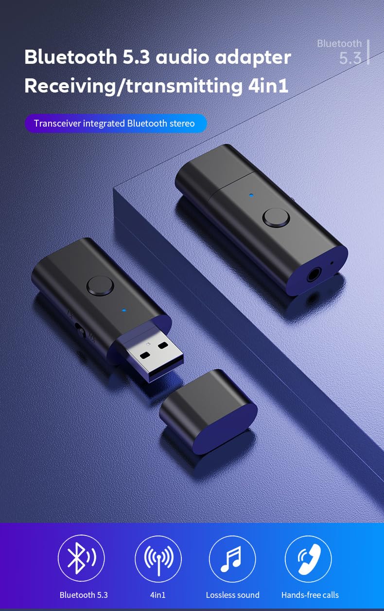 Gentechvvybuy جهاز إرسال واستقبال بلوتوث 5.3، محول USB لاسلكي 3.5 مم، تأخير منخفض، ميكروفون مدمج، بث موسيقي، مكالمات بدون استخدام اليدين، بدون حاجة إلى تعريف - للتلفاز، الكمبيوتر، نظام الصوت المنزلي/السيارة، سماعات الرأس، مكبرات الصوت - Image 2