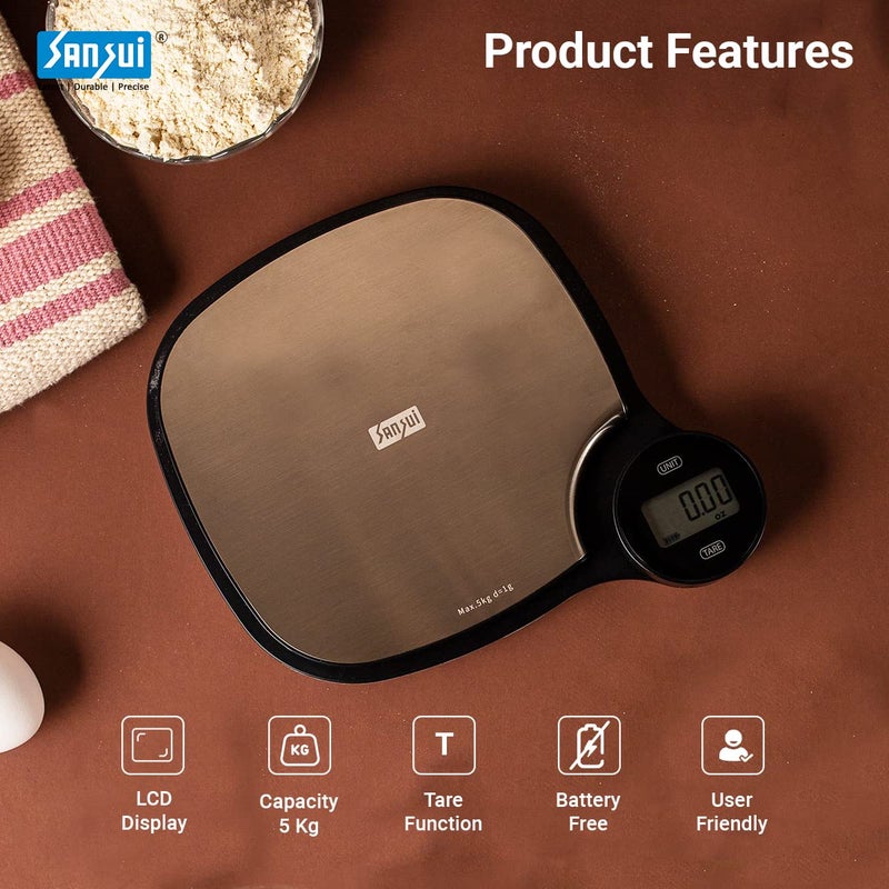 Sansui BatteryFree Digital Kitchen Scale with Stainless Steel Platform Food Weight Machine for Health Fitness Home Baking Cooking 5 kg Stainless Steel - Image 2