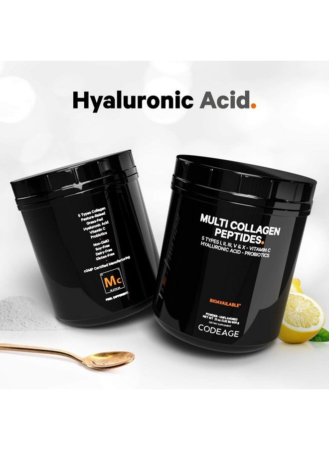كوديدج Codeage Multi Collagen Peptides + Probiotics Black Edition، مكمل غذائي بفيتامين C وحمض الهيالورونيك، من الأبقار التي تتغذى على العشب، والمرباة في المراعي، ومحللة، وخالية من الكربوهيدرات، من النوع الأول والثاني والثالث والخامس والعاشر، بدون نكهة، 21 أونصة 