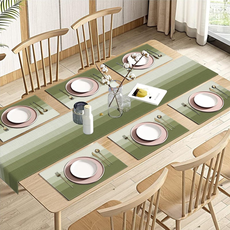 Emvency Olive Green Gradient Stripe Table Runner and Placemats Set of 6, Modern Geometric Painting Art Dining Decor for Daily Use(1 Table Runner 72 inches Long and 6 Placemats) - Image 1