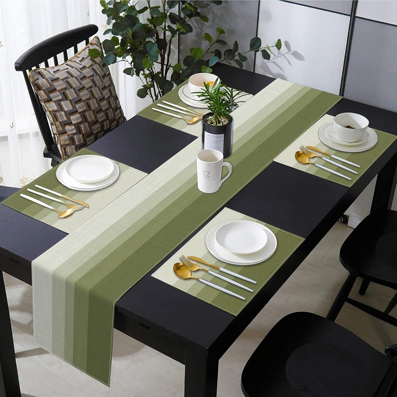 Emvency Olive Green Gradient Stripe Table Runner and Placemats Set of 6, Modern Geometric Painting Art Dining Decor for Daily Use(1 Table Runner 72 inches Long and 6 Placemats) - Image 5