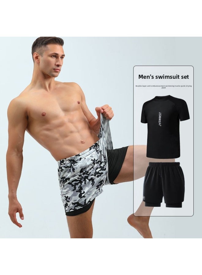 Loquat Swimwear Men's Suit Quick-drying Large Size Adult Hot Spring Camouflage Swimming Trunks Men's Beach Pants Boys Short Sleeves-Color:80818+813 Black Suit- - Image 2