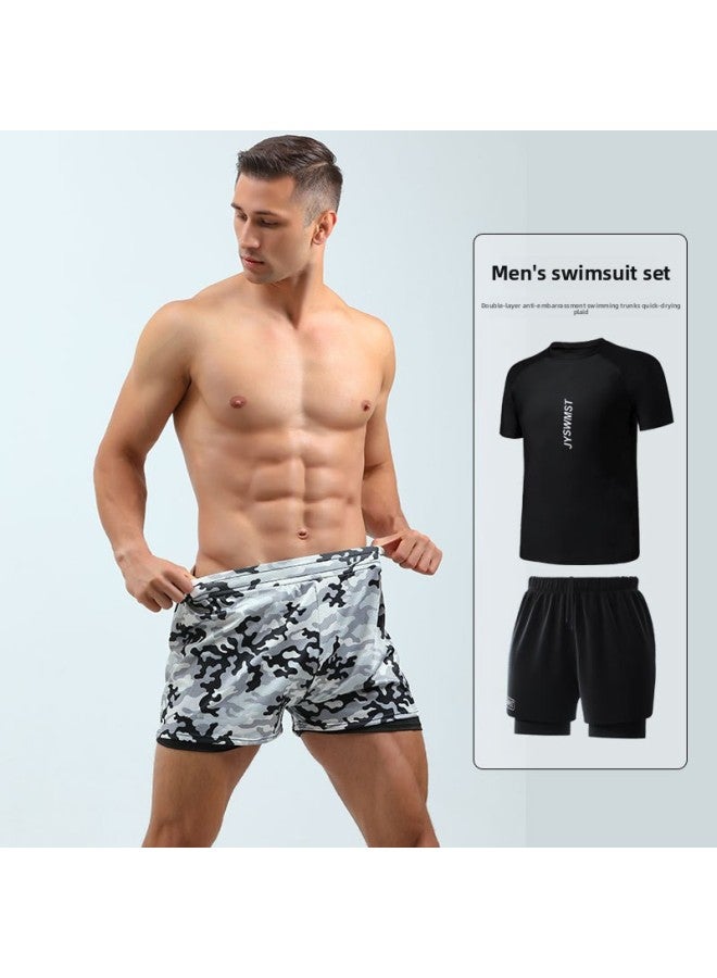 Loquat Swimwear Men's Suit Quick-drying Large Size Adult Hot Spring Camouflage Swimming Trunks Men's Beach Pants Boys Short Sleeves-Color:80818+813 Black Suit- - Image 3