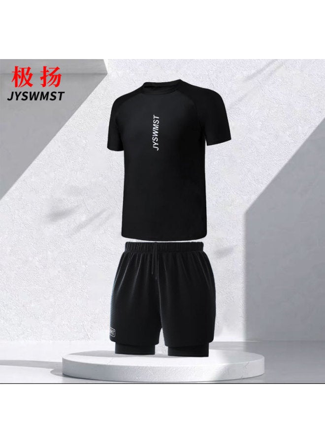 Loquat Swimwear Men's Suit Quick-drying Large Size Adult Hot Spring Camouflage Swimming Trunks Men's Beach Pants Boys Short Sleeves-Color:80818+813 Black Suit- - Image 1