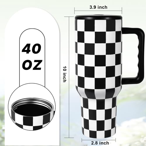 CHLJAR 40 oz Tumbler with Handle Checkered Insulated Tumbler Stainless Steel Vacuum Water Bottle Cup Travel Coffee Mug Gifts for Men Women Birthday Christmas Black and White - Image 3