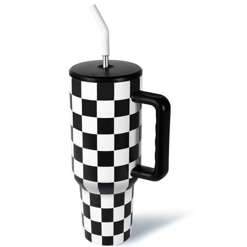 CHLJAR 40 oz Tumbler with Handle Checkered Insulated Tumbler Stainless Steel Vacuum Water Bottle Cup Travel Coffee Mug Gifts for Men Women Birthday Christmas Black and White - Image 1