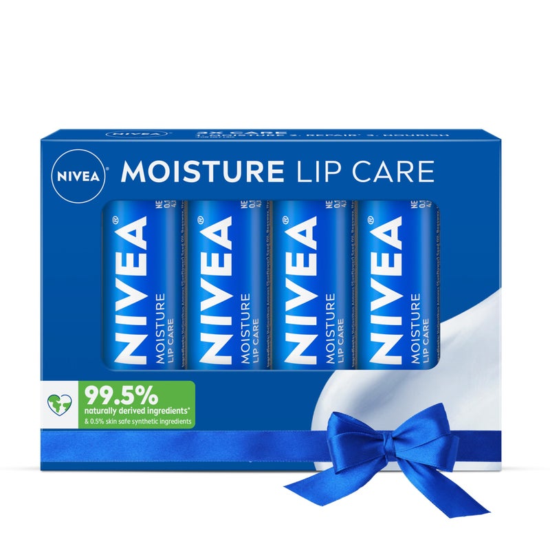 NIVEA Moisture Lip Care, Hydrating Lip Balm with Shea Butter, Nourishing Oils and Vitamin C & E, 3-in-1 Moisture, Repair and Nourish, Holiday Gifts for Self Care, 0.17 Oz Stick, Pack of 4 - Image 1