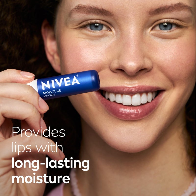 NIVEA Moisture Lip Care, Hydrating Lip Balm with Shea Butter, Nourishing Oils and Vitamin C & E, 3-in-1 Moisture, Repair and Nourish, Holiday Gifts for Self Care, 0.17 Oz Stick, Pack of 4 - Image 4