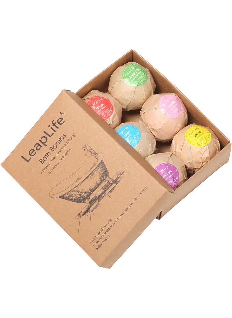 LeapLife Bath Bombs Gift Set,Organic Handmade Large Fizzer with 100% Natural Materials for Kids, Women Men, Best Gift for All Festivals including lemon, rose, lavender, vanilla, green tea, ocean(6pcs) 