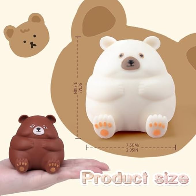 Anboor Pack of 2 Bear Squishies Toy, Stretchy Bear Stress Ball, Sensory Simulation Bear Animal Fidget Toy for Children and Adults (White & Brown) - Image 3