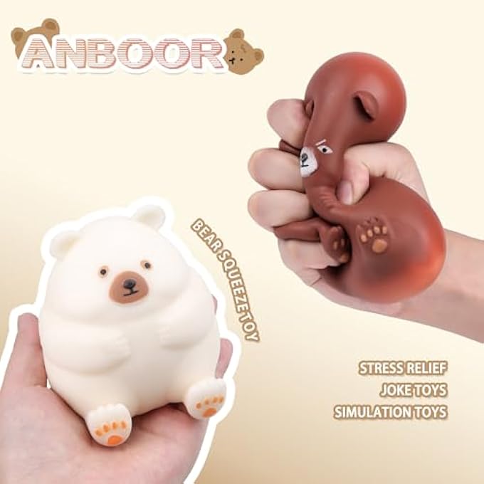 Anboor Pack of 2 Bear Squishies Toy, Stretchy Bear Stress Ball, Sensory Simulation Bear Animal Fidget Toy for Children and Adults (White & Brown) - Image 2