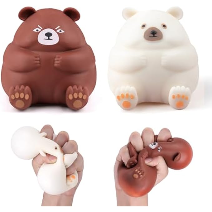 Anboor Pack of 2 Bear Squishies Toy, Stretchy Bear Stress Ball, Sensory Simulation Bear Animal Fidget Toy for Children and Adults (White & Brown) - Image 1