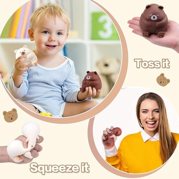 Anboor Pack of 2 Bear Squishies Toy, Stretchy Bear Stress Ball, Sensory Simulation Bear Animal Fidget Toy for Children and Adults (White & Brown) - Image 5