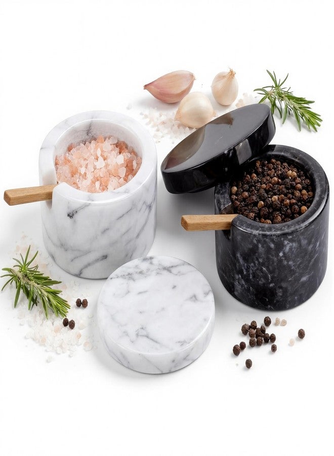 FoldTier 2 Set Marble Salt Cellar with Lid and Wooden Spoon Handcrafted Marble Salt Container Natural Spice Jars White Gray for Pepper Seasonings Small Round for Kitchen - Image 1