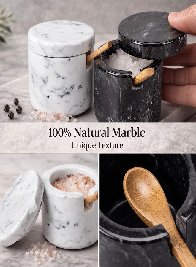 FoldTier 2 Set Marble Salt Cellar with Lid and Wooden Spoon Handcrafted Marble Salt Container Natural Spice Jars White Gray for Pepper Seasonings Small Round for Kitchen - Image 5