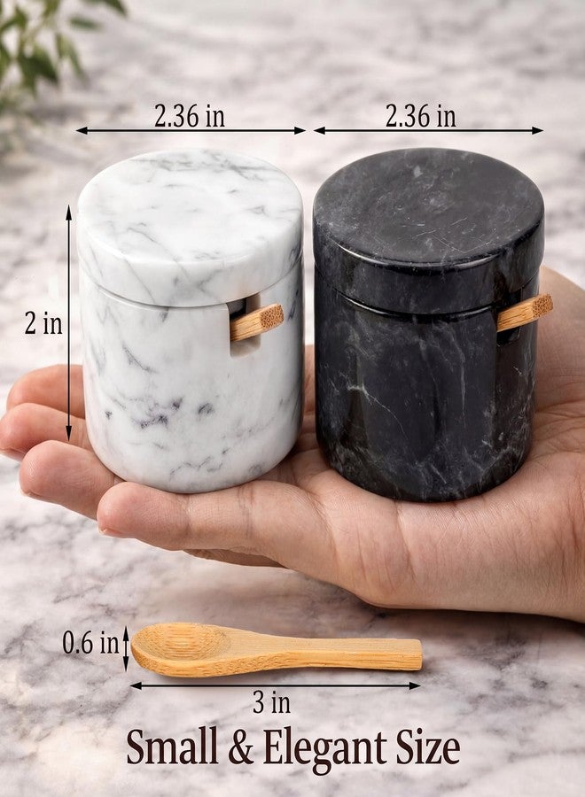FoldTier 2 Set Marble Salt Cellar with Lid and Wooden Spoon Handcrafted Marble Salt Container Natural Spice Jars White Gray for Pepper Seasonings Small Round for Kitchen - Image 4