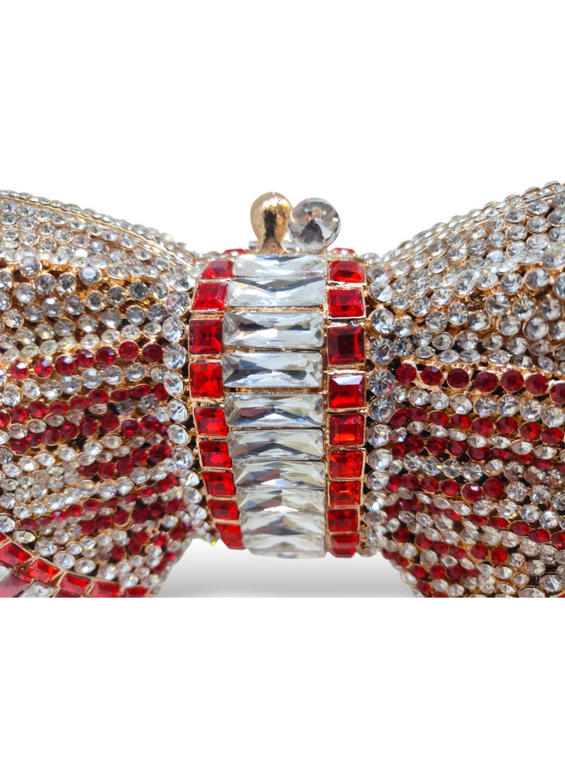 أركاد حقيبة كلاتش نسائية من أركاد للسهرات والحفلات بشكل فيونكة مزينة بالكريستال الأحمر والذهبي مع سلسلة - Image 4