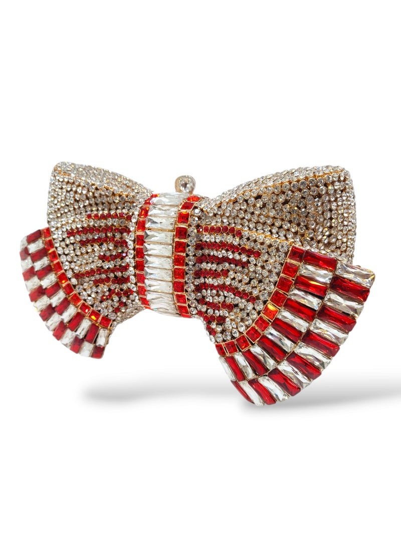 أركاد حقيبة كلاتش نسائية من أركاد للسهرات والحفلات بشكل فيونكة مزينة بالكريستال الأحمر والذهبي مع سلسلة - Image 3