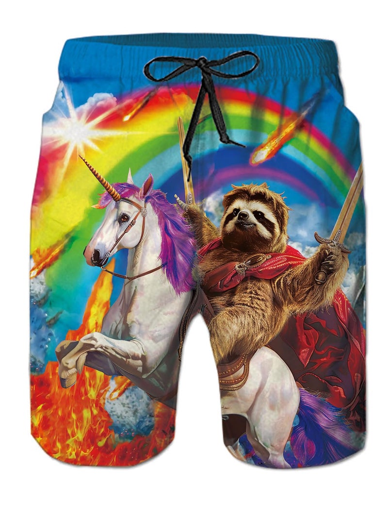 uideazone Mens Sloth Swim Trunks Quick Dry Rainbow Printed Board Shorts Swimming Trunks with Mesh Lining - Image 1