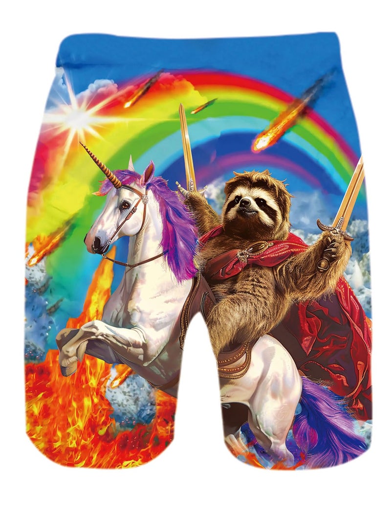 uideazone Mens Sloth Swim Trunks Quick Dry Rainbow Printed Board Shorts Swimming Trunks with Mesh Lining - Image 2