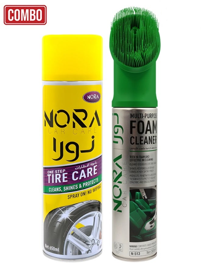 Nora Tire Care Shine Spray 650ml + Multi-Purpose Foam Cleaner 300ml Combo | Cleans, Shines & Protects Tyres, Interior, Sofa, Shoes, Glass & More - Image 1