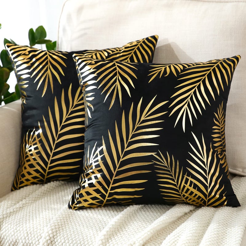 JOTOM Set of 2 Cushion Covers Decor Velvet Throw Pillow Covers Gold Leaves Decorative Pillow Cases Bronzing Flannelette Cushion Cover for Couch Bedroom Sofa Car Home Living Room Decor 45x45cm Black