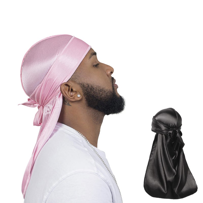 ForceWave 2 Pieces Silky Durag Pack for Men Women Waves, Premium Satin Deluxe Du-rag (Black Pink) - Image 1