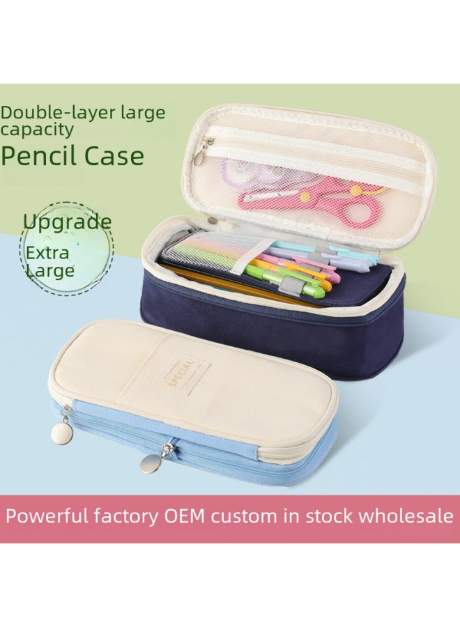 YUERUI Macaron Pencil Case Double Canvas Retractable Large Capacity Simple Pencil Case Double Zipper Multi-layer Pencil Case - Image 2