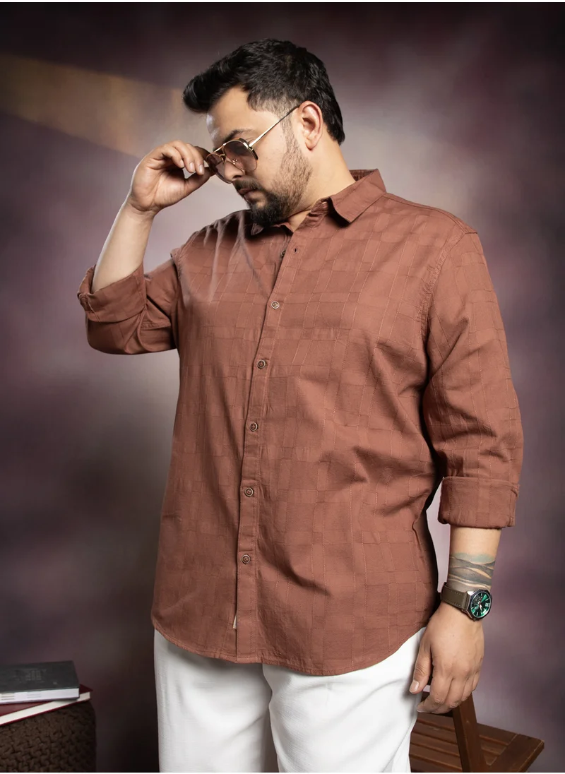 انستافاب بلس Instafab Plus Men's Mocha Brown Boxline-Woven Shirt For Casual Wear | Spread Collar | Long Cuffed Sleeves | Button Closure | Plus Size Shirt Crafted With Comfort Fit For Everyday Wear