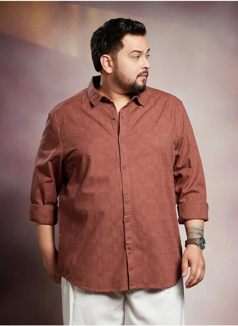 انستافاب بلس Instafab Plus Men's Mocha Brown Boxline-Woven Shirt For Casual Wear | Spread Collar | Long Cuffed Sleeves | Button Closure | Plus Size Shirt Crafted With Comfort Fit For Everyday Wear