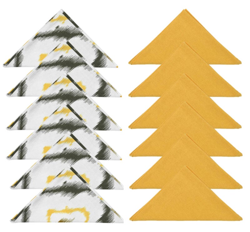 Dekor World Cotton Yellow Ikat Printed and Solid Napkin Set (Pack of 12) - Image 1
