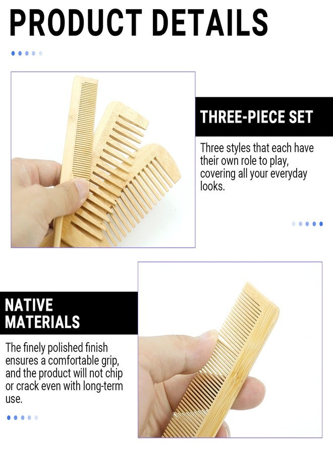 UPIQNG 3 pcs Natural Handmade Bamboo Anti-Static Combs Set Natural Wooden Combs Wide Tooth, Rat Tail and Fine Tooth for Hair, Beard, Travel-Friendly, Hand Polished - Image 3