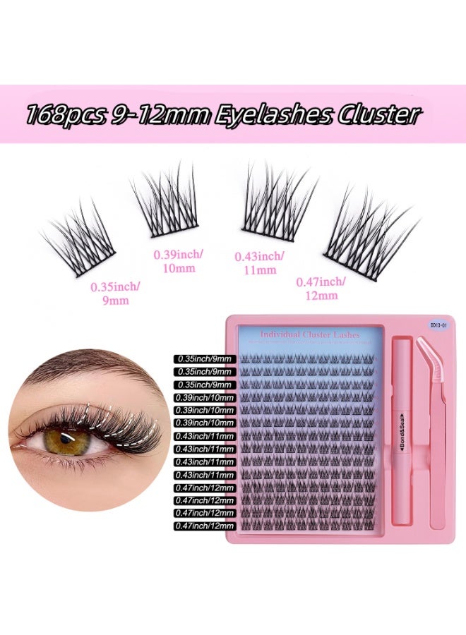 MJZ 168pcs Self Adhesive Eyelashes Clusters, DIY False Eyelash Extension Kit,9-12mm D Curl Natural Individual Waterproof Fluffy Lashes, with Lash Bond and Seal and Tweezer, Daily Exquisite Eyelashes Clusters - Image 1