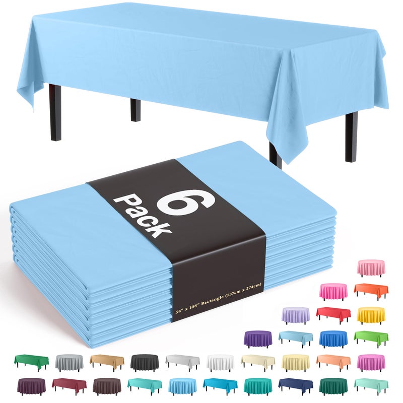 Party Solids Exquisite Party Solids 6-Pack Premium Plastic Tablecloth 54in. x 108in. Rectangle Plastic Table Cover - Light Blue - Image 1