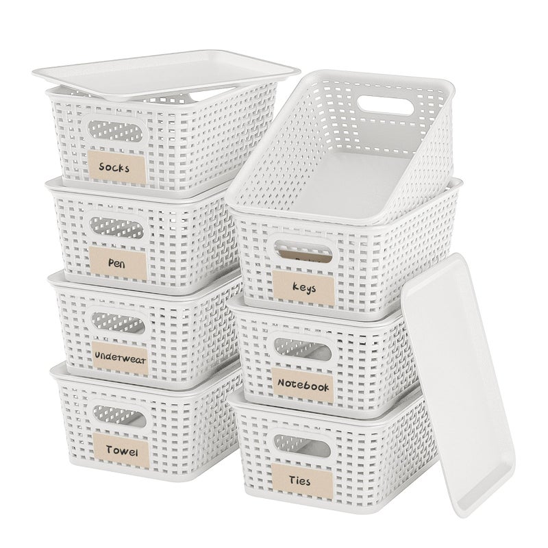 Wrrlors 8Pack White Plastic Storage Baskets with Lids Label Organizers Stackable Organizer Containers For Organizing Shelves Drawers Desk Closets Playrooms Classrooms Offices