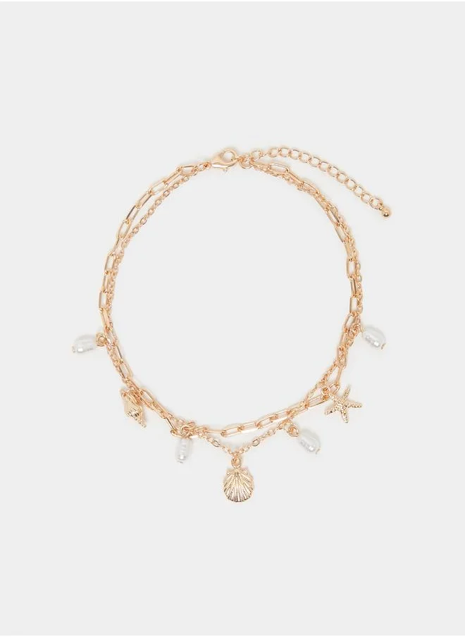 Styli Styli Faux Pearl Beach Charm Anklet with Lobster Clasp