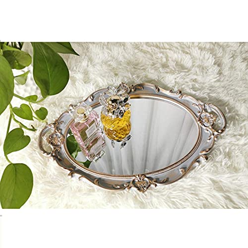 Yamfurga Oval Decorative Mirror Tray, French Style, Makeup Organizer, Jewelry Organizer, Serving Tray, 9.8"x 14.6", Golden Grey - Image 3