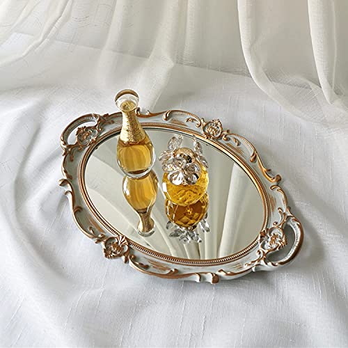 Yamfurga Oval Decorative Mirror Tray, French Style, Makeup Organizer, Jewelry Organizer, Serving Tray, 9.8"x 14.6", Golden Grey - Image 4