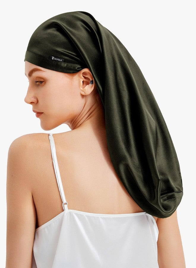 LilySilk 100% Silk Bonnet Mulberry 19 Momme Silk Sleep Cap Long for Curly Hair Night Cap for Sleeping, Silk Hair Wrap for Women Olive Green - Image 4