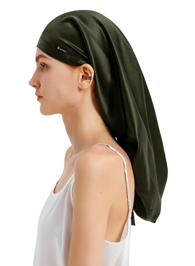 LilySilk 100% Silk Bonnet Mulberry 19 Momme Silk Sleep Cap Long for Curly Hair Night Cap for Sleeping, Silk Hair Wrap for Women Olive Green - Image 1